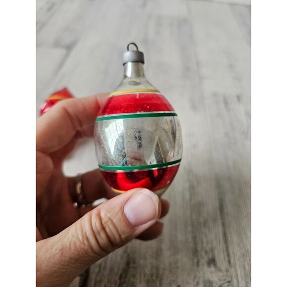 Antique diamond indent teardrop red striped green mercury glass ornament Xmas se - Picture 9 of 14